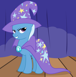 Size: 6000x6057 | Tagged: safe, artist:eagle1division, derpibooru import, trixie, pony, unicorn, absurd resolution, bedroom eyes, curtain, female, grin, gritted teeth, looking at you, mare, smiling, smug, solo, stage, vector