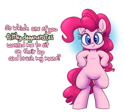 Size: 1550x1400 | Tagged: safe, artist:bellspurgebells, pinkie pie, earth pony, pony, bipedal, bronybait, colored pupils, cute, diapinkes, female, hooves on hips, mare, question, smiling, solo, talking to viewer, text