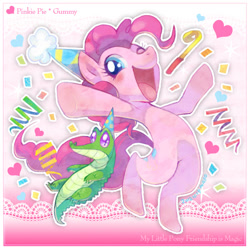 Size: 600x600 | Tagged: safe, artist:shimabo, gummy, pinkie pie, earth pony, pony, blushing, confetti, cute, diapinkes, duo, hat, heart, noisemaker, one eye closed, open mouth, party hat, pixiv, wink