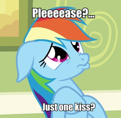 Size: 445x432 | Tagged: safe, edit, edited screencap, screencap, rainbow dash, pegasus, pony, read it and weep, bronybait, cropped, floppy ears, image macro, implied kissing, nose wrinkle, pouting, sad, solo