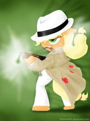 Size: 1936x2592 | Tagged: safe, artist:flowersimh, applejack, earth pony, pony, 20th century, applejerk, blonde mane, fedora, female, gangster, gun, mare, orange coat, solo, submachinegun, tommy gun, trenchcoat, weapon