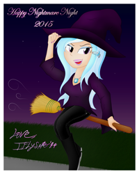 Size: 2855x3573 | Tagged: safe, artist:iflysna94, derpibooru import, trixie, human, broom, clothes, costume, flying, flying broomstick, halloween, humanized, nail polish, nightmare night, open mouth, sitting, smiling, solo, witch