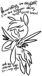 Size: 380x689 | Tagged: safe, artist:php27, rainbow dash, pegasus, pony, lineart, monochrome, smug, solo, speech