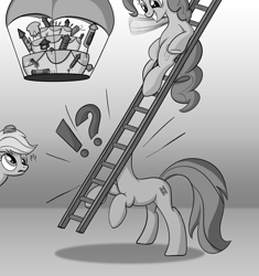 Size: 2820x3000 | Tagged: safe, artist:pirill, derpy hooves, pinkie pie, oc, oc:ladder beans, pony, cake, comb, fireworks, grin, ladder, monochrome, question mark, rearing, smiling, wat, waving