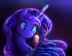 Size: 2000x1572 | Tagged: safe, artist:viwrastupr, princess luna, alicorn, pony, bust, cherry, cone, drool, eating, eyes on the prize, female, food, happy, ice cream, licking, licking lips, magic, mare, portrait, solo, telekinesis, tongue out