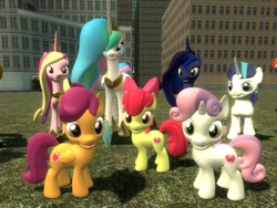 Size: 1024x768 | Tagged: safe, artist:sonic5421, apple bloom, princess cadance, princess celestia, princess luna, scootaloo, shining armor, sweetie belle, alicorn, pony, unicorn, 3d, cutie mark, cutie mark crusaders, gmod, royal family, the cmc's cutie marks