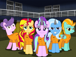 Size: 3000x2250 | Tagged: safe, artist:spellboundcanvas, derpibooru import, lightning dust, starlight glimmer, sunset shimmer, suri polomare, trixie, pony, clothes, counterparts, grin, horn cap, magic suppression, orange is the new black, prison, prison outfit, prisoner, psycho