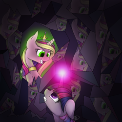 Size: 1000x1000 | Tagged: safe, artist:partycannoninc, princess cadance, queen chrysalis, twilight sparkle, alicorn, changeling, changeling queen, pony, a canterlot wedding, crystal caverns, disguise, disguised changeling, fake cadance, scene interpretation