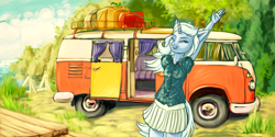 Size: 1024x512 | Tagged: safe, artist:kovoranu, derpibooru import, trixie, anthro, clothes, cute, eyes closed, fluffy, microbus, pleated skirt, skirt, smiling, solo, stretching, volkswagen, volkswagen transporter, volkswagen type 2