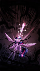 Size: 1500x2642 | Tagged: safe, artist:rysunkowasucharia, twilight sparkle, twilight sparkle (alicorn), alicorn, pony, angry, fight, flying, glowing eyes, glowing horn, horn, magic, solo, spread wings, tentacles, wings