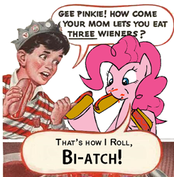 Size: 448x458 | Tagged: safe, pinkie pie, earth pony, pony, exploitable meme, gee bill, hot dog, hotdog meme, meme, vulgar