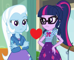 Size: 523x425 | Tagged: safe, derpibooru import, edit, edited screencap, screencap, sci-twi, trixie, twilight sparkle, a little birdie told me, better together, equestria girls, holidays unwrapped, female, lesbian, sci-twixie, shipping, shipping domino, twixie
