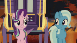 Size: 600x338 | Tagged: safe, derpibooru import, screencap, starlight glimmer, trixie, pony, unicorn, road to friendship, animated, close-up, cute, diatrixes, dodge, duo, female, fire, fire swamp, flame geyser, gif, glimmerbetes, mare, mist, singing, smiling, song, swamp, tree, trixie's wagon, uvula, vine, wagon, we're friendship bound