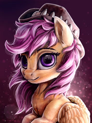 Size: 3000x4000 | Tagged: safe, artist:rysunkowasucharia, scootaloo, pegasus, pony, the last crusade, alternate hairstyle, bokeh, bust, chest fluff, detailed, ear fluff, female, filly, hat, looking at you, portrait, solo