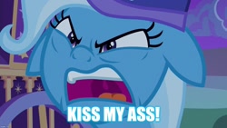 Size: 1280x720 | Tagged: safe, derpibooru import, edit, edited screencap, screencap, trixie, to where and back again, caption, floppy ears, image macro, meme, solo, text, trixie yells at everything, trixie's wagon, vulgar