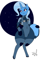 Size: 1100x1400 | Tagged: safe, artist:quakebrothers, derpibooru import, trixie, semi-anthro, astronaut, impossibly wide hips, solo, spacesuit, wide hips