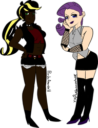 Size: 1206x1576 | Tagged: safe, artist:pandaamanda11, applejack, rarity, human, abs, alternate hairstyle, belly button, belt, boots, choker, clothes, dark skin, duo, dyed mane, ear piercing, earring, female, fishnet clothing, goth, hair dye, high heel boots, high heels, humanized, jewelry, lipstick, makeup, midriff, miniskirt, piercing, punk, shoes, shorts, sidecut, simple background, skirt, sleeveless, socks, spiked choker, stockings, thigh highs, tube top, undercut, white background, zettai ryouiki