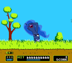 Size: 448x392 | Tagged: safe, artist:tamalesyatole, edit, princess luna, alicorn, duck, pony, duck hunt, game, hunting, laughing, nose in the air, solo