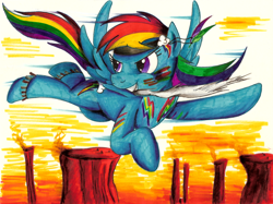 Size: 1024x765 | Tagged: safe, artist:jamescorck, rainbow dash, pegasus, pony, feather, flying, indian, native american, solo, squaw dash, war paint