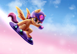 Size: 4000x2850 | Tagged: safe, artist:rysunkowasucharia, scootaloo, pegasus, pony, absurd resolution, atg 2019, female, filly, happy, helmet, newbie artist training grounds, sky, smiling, snowboard, solo, spread wings, wings