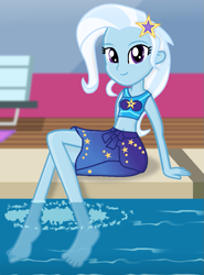 Size: 833x1125 | Tagged: safe, artist:grapefruitface1, derpibooru import, trixie, better together, equestria girls, forgotten friendship, i'm on a yacht, barefoot, belly button, bikini, clothes, feet, female, looking at you, partially submerged, ripples, solo, swimsuit, water