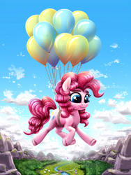 Size: 2970x3960 | Tagged: safe, artist:rysunkowasucharia, pinkie pie, starlight glimmer, earth pony, pony, sheep, unicorn, balloon, bridge, cute, diapinkes, female, floating, high res, kite, kite flying, mare, outdoors, river, sitting, sky, smiling, solo focus, stream, summer, then watch her balloons lift her up to the sky