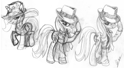 Size: 6000x3300 | Tagged: safe, artist:ciaran, derpibooru exclusive, derpibooru import, trixie, pony, unicorn, armband, clothes, coat, fedora, female, hat, mare, michael jackson, monochrome, necktie, sketch, traditional art