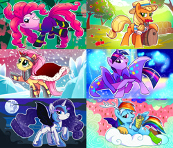 Size: 1200x1026 | Tagged: safe, artist:yulyeen, derpibooru import, applejack, discord, flam, flim, fluttershy, king sombra, mane-iac, nightmare moon, pinkie pie, rainbow dash, rarity, trixie, twilight sparkle, earth pony, pegasus, pony, unicorn, accessory swap, antagonist, clothes, costume, female, flim flam brothers, mane six, mare