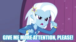 Size: 896x500 | Tagged: safe, derpibooru import, edit, edited screencap, screencap, trixie, equestria girls, rainbow rocks, caption, image macro, meme, text, trixie yells at everything