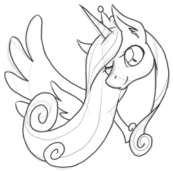 Size: 618x609 | Tagged: safe, artist:lovelywaifu, princess cadance, alicorn, pony, monochrome, sketch, smiling, solo, wink