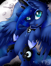 Size: 2329x3000 | Tagged: safe, artist:mychelle, princess luna, alicorn, pony, chest fluff, ear fluff, flying, mare in the moon, moon, solo