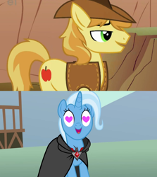 Size: 1280x1436 | Tagged: safe, derpibooru import, edit, edited screencap, screencap, braeburn, trixie, magic duel, over a barrel, alicorn amulet, crack shipping, female, heart eyes, male, shipping, shipping domino, straight, trixburn, wingding eyes