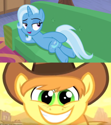 Size: 1280x1436 | Tagged: safe, derpibooru import, edit, edited screencap, screencap, braeburn, trixie, over a barrel, road to friendship, crack shipping, draw me like one of your french girls, female, male, shipping, shipping domino, straight, trixburn