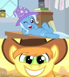 Size: 1280x1436 | Tagged: safe, derpibooru import, edit, edited screencap, screencap, braeburn, trixie, magic duel, over a barrel, crack shipping, female, male, shipping, shipping domino, straight, trixburn