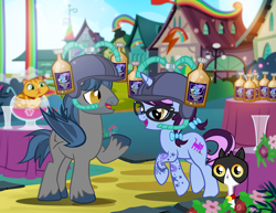 Size: 1100x850 | Tagged: safe, artist:pixelkitties, derpibooru import, trixie, oc, oc:pixelkitties, oc:sharpie fume, bat pony, cat, pony, unicorn, rainbow falls, alcohol, arrogant trixie ale, beer, bell, bell collar, cat bell, collar, derp cat, drinking hat, female, food, hat, m.a. larson, male, mare, national beer day, ponified, punch bowl, rainbow waterfall, stallion, tattoo