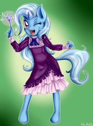 Size: 2091x2806 | Tagged: safe, artist:anibaruthecat, derpibooru import, trixie, anthro, unguligrade anthro, clothes, dress, filly, looking at you, solo