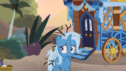 Size: 1920x1080 | Tagged: safe, derpibooru import, screencap, trixie, unicorn, road to friendship, female, mare, messy mane, scratches, trixie's wagon, twig, wagon