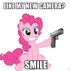 Size: 957x960 | Tagged: safe, pinkie pie, earth pony, pony, asdfmovie, camera, glock, gun, image macro, this will end in tears and/or death