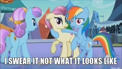 Size: 562x316 | Tagged: safe, edit, edited screencap, screencap, fleur de verre, rainbow dash, sapphire joy, crystal pony, pegasus, pony, the crystal empire, hoof around neck, image macro