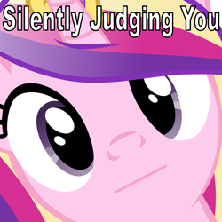 Size: 4800x4800 | Tagged: safe, edit, princess cadance, alicorn, pony, :, :i, absurd resolution, caption, close-up, face, female, hi anon, image macro, judging, looking at you, mare, meme, reaction image