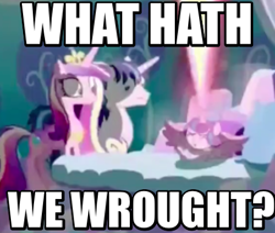 Size: 428x363 | Tagged: safe, screencap, princess cadance, princess flurry heart, shining armor, alicorn, pony, unicorn, the crystalling, image macro, magic, meme, messy mane, sneezing, terrified, wide eyes