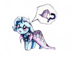 Size: 1016x808 | Tagged: safe, artist:buttersprinkle, derpibooru import, trixie, pony, unicorn, cloak, clothes, cute, diatrixes, female, hat, mare, sad, solo, traditional art, trixie's hat