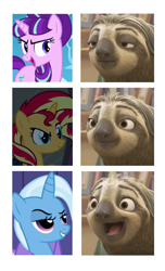 Size: 579x955 | Tagged: safe, derpibooru import, starlight glimmer, sunset shimmer, trixie, pony, sloth, unicorn, flash slothmore, op is a cuck, op is trying to start shit, twilight's counterparts, zootopia