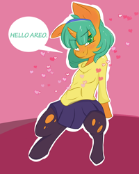 Size: 1280x1600 | Tagged: safe, artist:sketchbox, snails, pony, aeroshell, alternate hairstyle, bipedal, canon x oc, clothes, crossdressing, cute, glitter shell, hairband, headband, heart, hoodie, implied gay, looking at you, male, offscreen character, ripped stockings, shipping, skirt, smiling, smirk, solo, speech bubble, stockings, sweater, thigh highs, trap