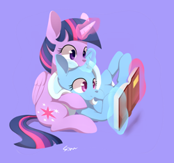 Size: 1280x1205 | Tagged: safe, alternate version, artist:sion, derpibooru import, edit, trixie, twilight sparkle, twilight sparkle (alicorn), alicorn, pony, unicorn, book, cuddling, female, glowing horn, horn, lesbian, magic, mare, purple background, reading, shipping, simple background, telekinesis, twixie