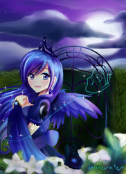 Size: 900x1236 | Tagged: safe, artist:incinerater, princess luna, human, flower, humanized, moon, solo