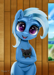 Size: 3250x4500 | Tagged: safe, artist:darksly, derpibooru import, trixie, cat, pony, unicorn, bipedal, cute, daaaaaaaaaaaw, diatrixes, ear fluff, female, happy, holding, kitten, looking at you, open mouth, open smile, smiling, smiling at you, weapons-grade cute