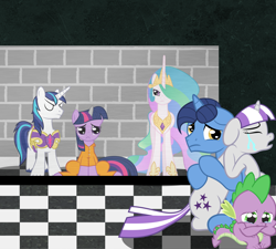 Size: 1746x1570 | Tagged: safe, artist:spellboundcanvas, night light, princess celestia, shining armor, spike, twilight sparkle, twilight velvet, alicorn, dragon, pony, unicorn, abuse, bad end, clothes, crying, horn cap, magic suppression, prison, prison outfit, prisoner, prisoner ts, sad, twilybuse, tyrant celestia