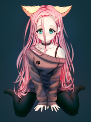 Size: 966x1300 | Tagged: safe, artist:mite-lime, fluttershy, human, anime, bra strap, choker, clothes, eared humanization, floppy ears, humanized, kneeling, looking at you, off shoulder, simple background, solo, stockings, sweater, sweatershy, thigh highs