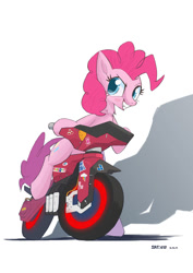 Size: 1414x2000 | Tagged: safe, artist:satv12, pinkie pie, earth pony, pony, female, mare, motorcycle, simple background, solo, white background